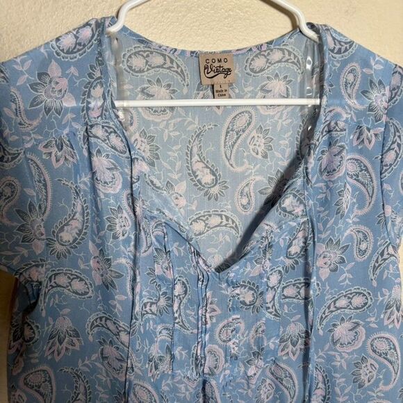 Como Vintage Blouse Women's Large V-Neck Floral Short Sleeve Tie Shirt Top - Picture 3 of 8